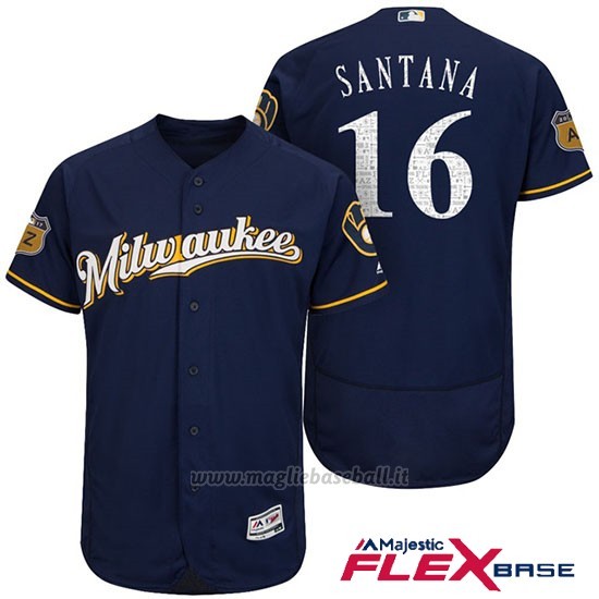 Maglia Baseball Uomo Milwaukee Brewers Domingo Santana Blu 2017 Allenamento Primaverile Flex Base Giocatore